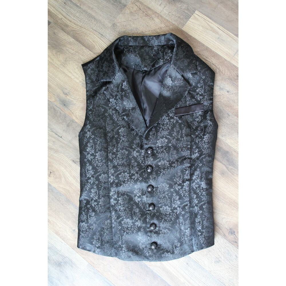 Steampunk Gothic Black Women's Damask Satiny Collared Waistcoat Vest S